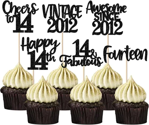 Miniatura 77 de Rsstarxi Paquete de 24 adornos para cupcakes vintage 2019 con purpurina negra para 5º cumpleaños, saludos a 5, cinco, 5, 5 fabulosos para cupcakes