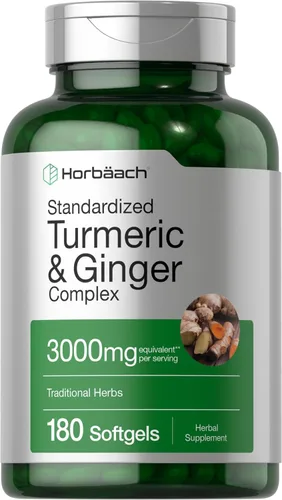 Horbäach Suplemento de cúrcuma y jengibre | 3000 mg 180 pastillas de gel blando | con extracto de pimienta negra | Suplemento sin OMG, sin gluten