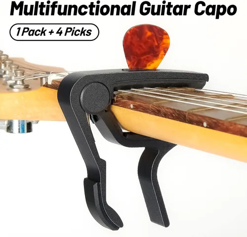 Miniatura 2 de Cejilla de guitarra, cejilla negra, soporte para púas en la cejilla para guitarra acústica y eléctrica, ukulele, mandolina, banjo (negro)