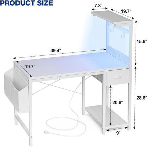 Miniatura 3 de Grandder - Escritorio de juegos de 40 pulgadas con toma de corriente y luz LED, escritorio para computadora con estantes reversibles y cajón