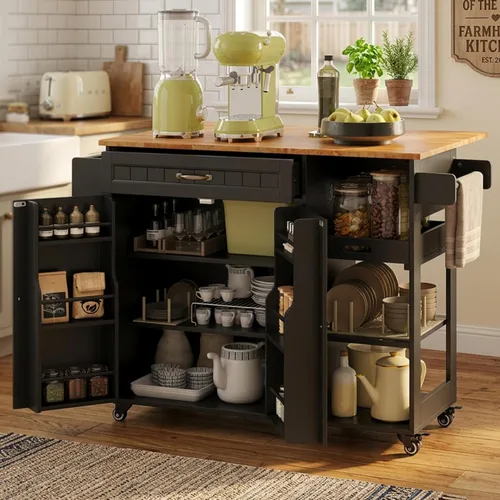 Gizoon Isla de cocina con almacenamiento, Isla de cocina con hoja caída, carrito de comedor rodante de 41.7 pulgadas de ancho, encimera plegable, 5