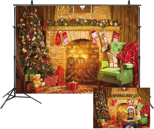 Miniatura 10 de LB Telones de fondo de chimenea de Navidad para fotografía de 5 x 3 pies, calcetines de árbol de Navidad, regalos de Año Nuevo, para niños