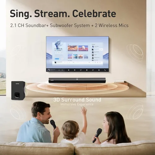 Miniatura 2 de Barra de sonido con subwoofer para TV, sistema de altavoces Bluetooth 5.3 con 2 micrófonos inalámbricos de karaoke, audio de sonido envolvente
