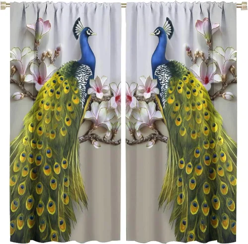 Miniatura 16 de Cortina opaca con estampado de pavo real, con estampado de animales retro, con bolsillo para cortinero y flores de peonía doradas, para dormitorio