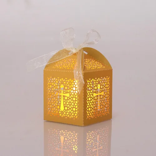 Miniatura 6 de KPOSIYA Paquete de 70 cajas de regalo de bautismo, cajas de dulces cortadas con láser con cintas, cajas de regalo pequeñas para baby shower, Dorado