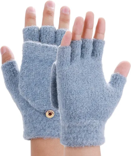 Miniatura 26 de THINP Guantes sin dedos para mujeres y hombres, guantes de invierno, guantes de lana cálida de punto sin dedos con tapa, guantes convertibles