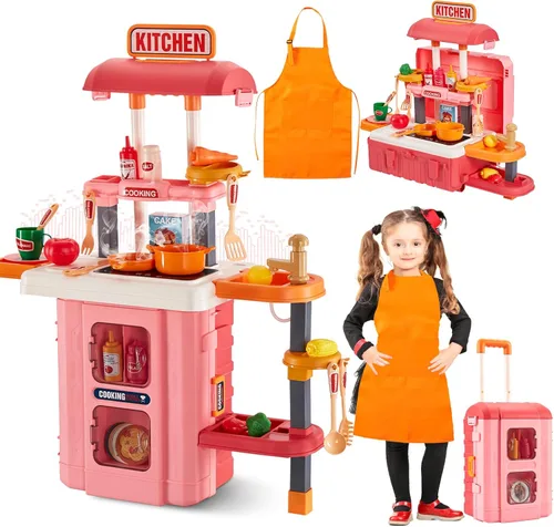 Cocina de juego 3 en 1 para niños y niños pequeños, juego de cocina interactivo con sonidos y luces de cocina reales, 50 accesorios y función de