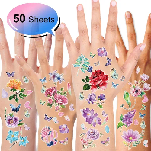 Miniatura 6 de Konsait 50 hojas de tatuajes temporales de flores para mujeres, adolescentes y niñas, pequeño tatuaje temporal para adultos, impermeable, arte