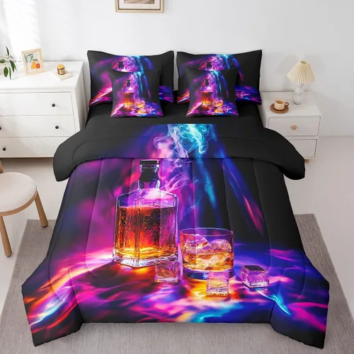 Miniatura 12 de Whisky - Juego de ropa de cama de 7 piezas tamaño individual, cama de vidrio de hielo de whisky en una bolsa para niños, juego de edredón retro