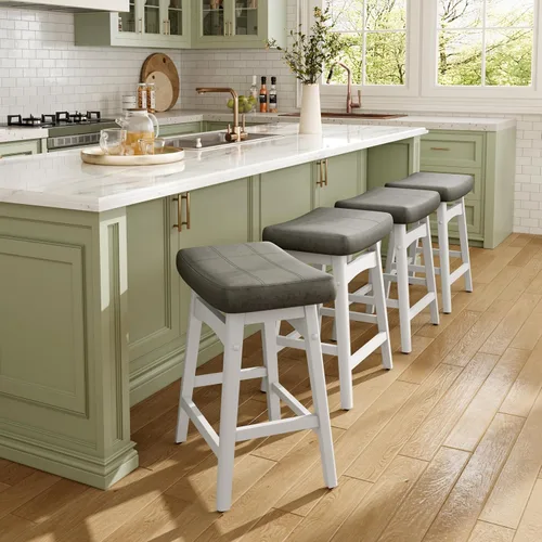 Miniatura 7 de MAISON ARTS - Juego de 4 taburetes de bar blancos de altura de mostrador para encimera de cocina con patas de madera maciza y asiento de cuero Cojín