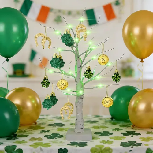 Miniatura 2 de Yquqwn Decoraciones del día de San Patricio, árbol de abedul iluminado con adornos de trébol, monedas de oro, 24 LED para el hogar, mesa, tienda