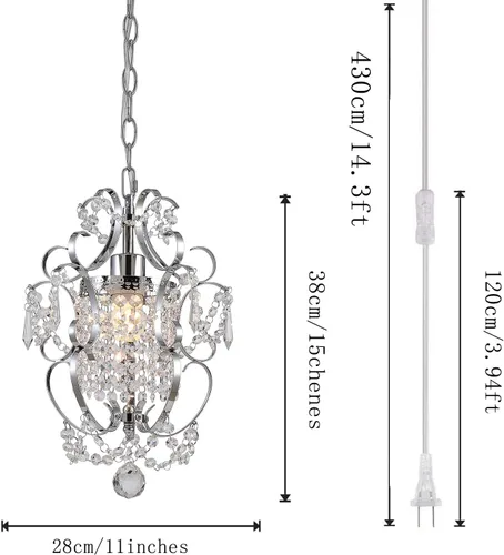Miniatura 2 de Candelabro enchufable mini lámpara cromada 1 lámpara elegante lámpara de techo de hierro de cristal para dormitorio, baño, comedor, sala de estar