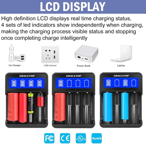 Miniatura 4 de Cargador de batería 18650 Pantalla LCD de 4 bahías para batería recargable de 3.7 V/1.2 V para baterías de iones de litio 18650 14500