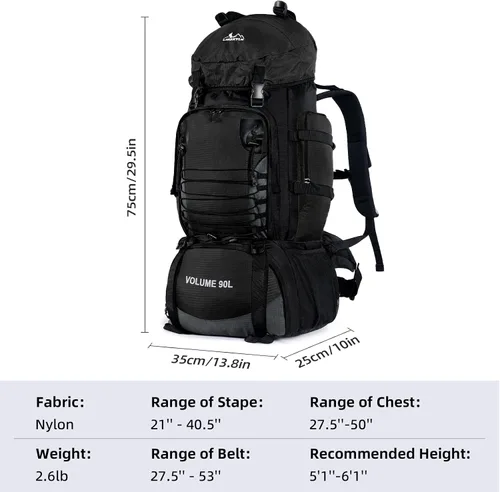 Miniatura 8 de Mochila de senderismo, mochila de campamento de 90 L, resistente al agua, ligera, para deportes al aire libre, bolsa de viaje para camping, Negro