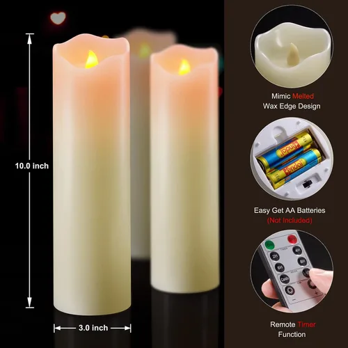 Miniatura 4 de PChero Velas parpadeantes sin llama de 10 x 3 pulgadas con control remoto y temporizadores, velas LED de cera real que funcionan con pilas, juego