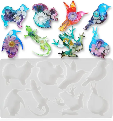 Miniatura 10 de Moldes de silicona de animales para resina epoxi, 8 cavidades lindos moldes de silicona en forma de animal para llavero colgante de joyería, fondant