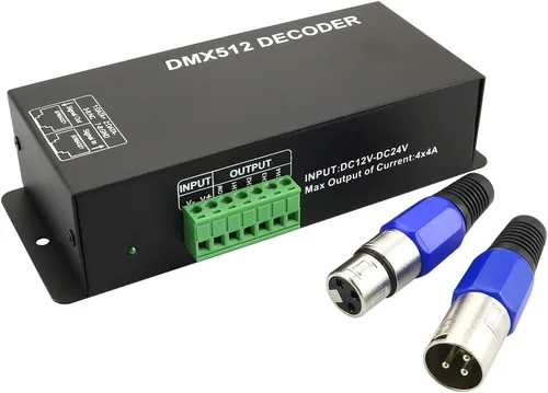 AZIMOM Controlador de decodificador LED de 4 canales DMX con pantalla digital DC5V-24V 4X4A Controlador DMX512 LED para tira de luz de cinta RGB