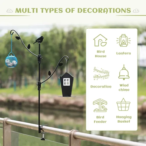 Miniatura 6 de Comedero para pájaros de cubierta con múltiples ganchos y ramas ajustables para porche Poste comedero para pájaros de cubierta-Negro