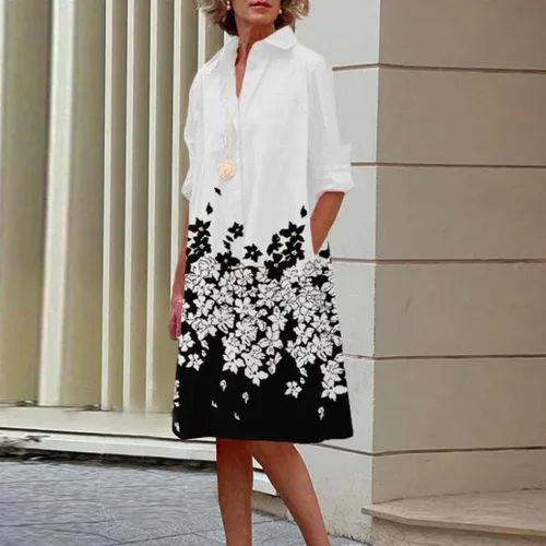 Miniatura 2 de Ceboyel Vestido midi de lunares para mujer, longitud hasta la rodilla, media manga, vestido casual holgado, vestido camisero, vestido elegante