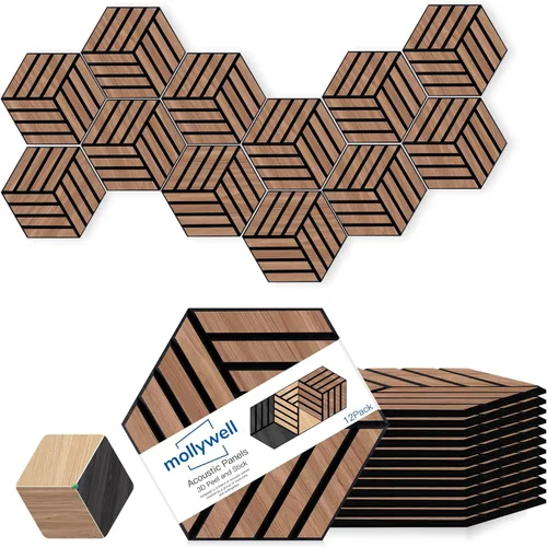 Miniatura 23 de Mollywell Paneles acústicos, decoración de grano de madera de PVC, azulejos de pared con patrón tallado de 12 x 12 pulgadas, autoadhesivos