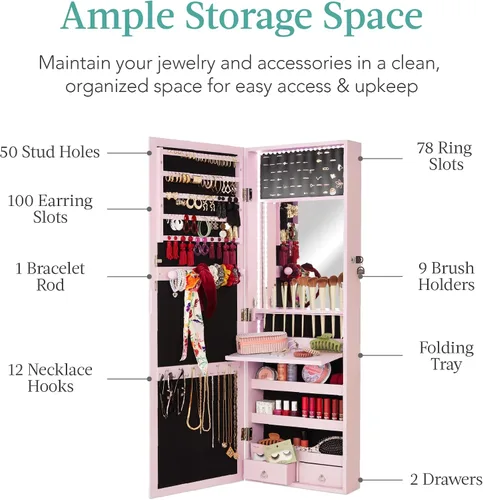 Miniatura 4 de Best Choice Products Armario de joyería con espejo LED, organizador de joyas con cerradura para pared o puerta con espejo, 2 cajones, cerradura