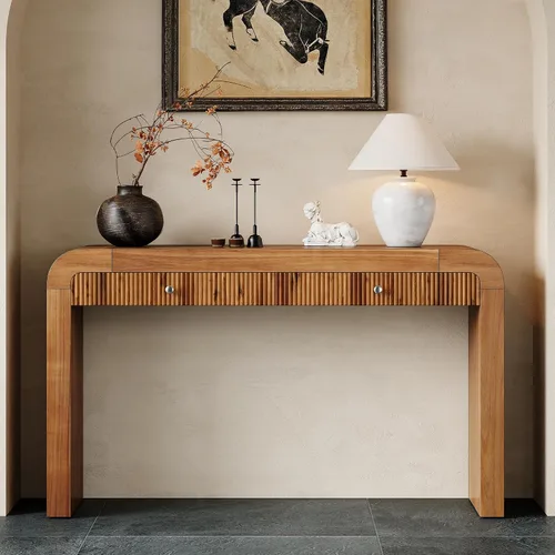 Miniatura 40 de 50" Modern Art Sculptural Console Table, Oval Cutout Legs, Wood Veneer, Thick Rounded Tabletop, Contemporary Entryway Sofa Table for Living Room