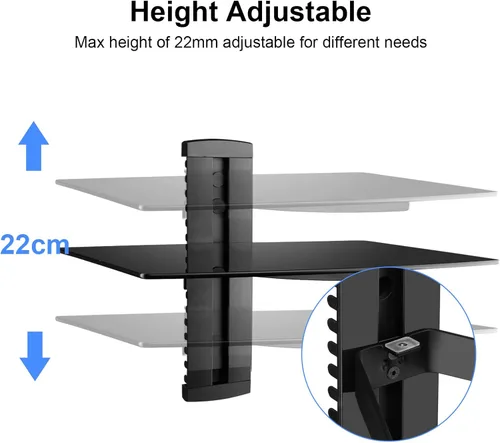 Miniatura 5 de suptek Estante flotante de vidrio, estante multimedia de 1 nivel para accesorios de TV, soporte de montaje en pared negro plano, capacidad
