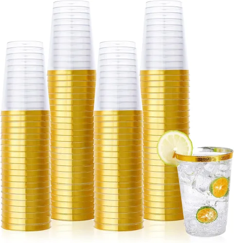 Vplus Paquete de 150 vasos de plástico transparente reutilizables con borde dorado de 12 onzas, vasos desechables de plástico resistentes, perfectos