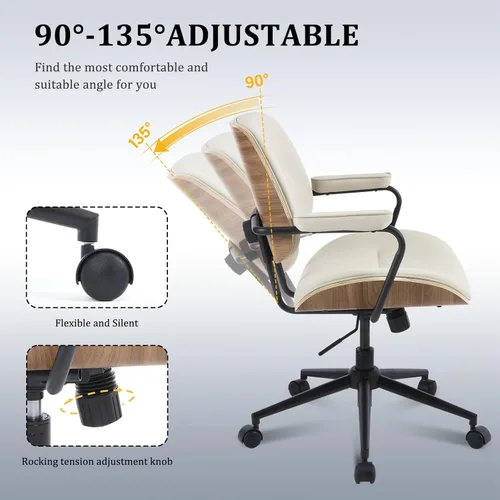 Miniatura 4 de BV Mid Century Modern - Juego de 1 silla de oficina giratoria con reposabrazos y respaldo de nogal, silla de escritorio ajustable para oficina