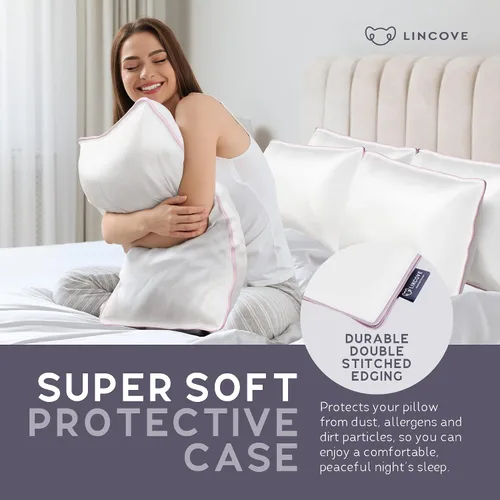 Miniatura 3 de Lincove Funda protectora de almohada de satén 100% algodón, funda de almohada con cremallera, 500 hilos, algodón de lujo, protector de almohada