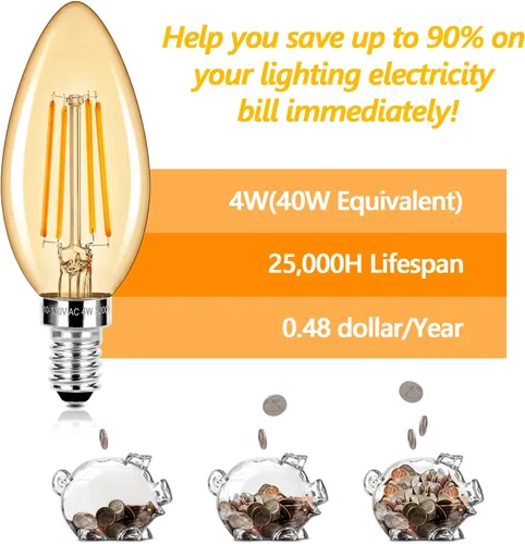 Miniatura 4 de E12 LED Candelabra Bulbs 40 Watt Equivalent, 4W Vintage Candle Light Bulbs Dimmable, 350Lm Amber Warm White 2200K B10 Edison Bulb, Filament Clear