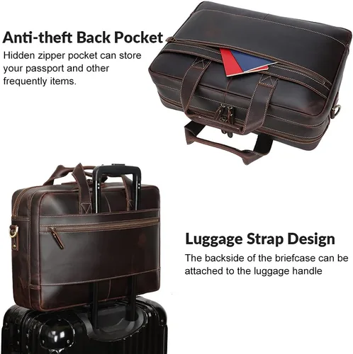 Miniatura 4 de TIDING Maletín de cuero genuino de 17 pulgadas para portátil de mensajero para hombres de negocios de viaje bolsa de hombro