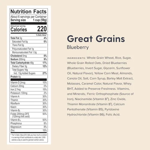 Miniatura 2 de Post Great Grains Blueberry Morning Breakfast Cereal, proyecto sin OMG verificado, saludable para el corazón, bajo en grasa, cereales integrales
