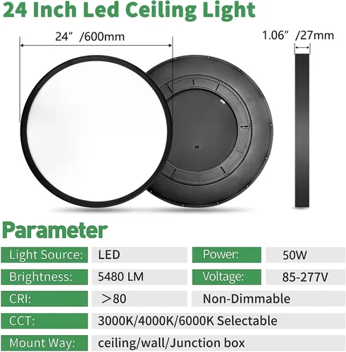 Miniatura 3 de Lámpara de techo LED empotrada grande de 24 pulgadas, 50W, 5480LM, 3000K/4000K/6000K CCT seleccionable, luminaria de techo de panel plano redondo