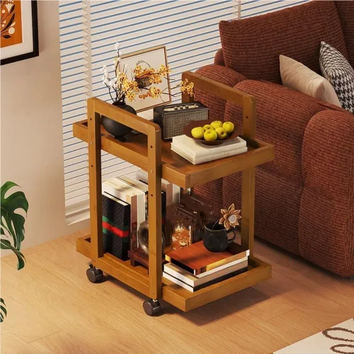 Miniatura 2 de Mobile Coffee Table, Wood Frame Side Table, Storage Table with Universal Wheels, 2-Tier End Table for Living Room, Bedroom, Small Space