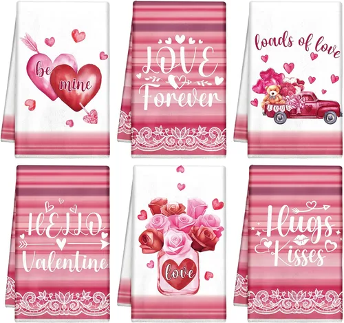 Miniatura 11 de Patelai 6 toallas de cocina para el día de San Valentín, corazones rojos, a cuadros, camión, té, baño, vacaciones, platos, 21.3 x 14.3 pulgadas