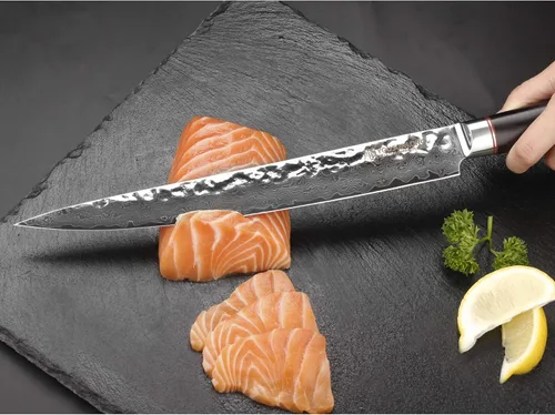 Miniatura 5 de YOUSUNLONG Cuchillo de filete de 10 pulgadas, cuchillo para tallar carne, cuchillo sashimi, 9.6 in, mano izquierda, acero de damasco martillado