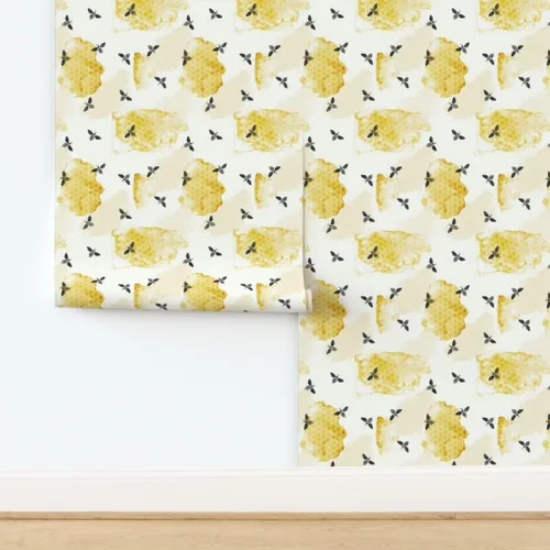 Miniatura 4 de Spoonflower Papel tapiz autoadhesivo de 3 x 2 pies – Abeja verano jardín acuarela miel oro negro nido de abeja insectos colmena abeja abejas papel