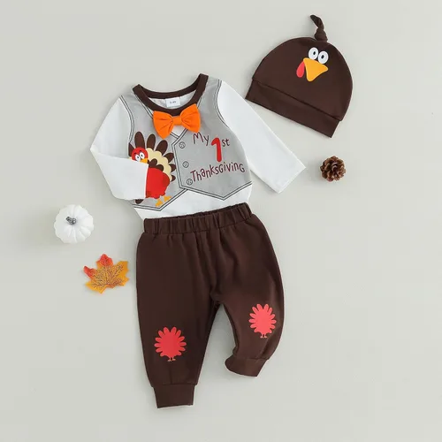 Miniatura 3 de FIOMVA My First Thanksgiving - Conjunto de 3 piezas para bebé, traje de bebé, pantalones y sombrero, para otoño e invierno