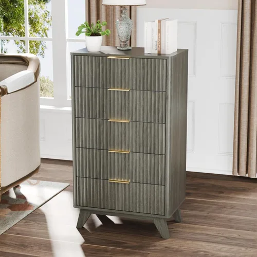 Miniatura 7 de VINGLI Cómoda alta acanalada con 5 cajones, cómoda de 23.66 pulgadas de ancho, cómoda de madera gris con bordes redondeados, aparadores grises