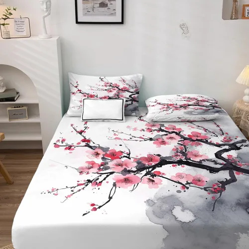 Miniatura 2 de Juego de sábanas de 3 piezas con estampado de flor de cerezo, tamaño individual, sábanas y fundas de almohada estampadas de Sakura, sábana bajera