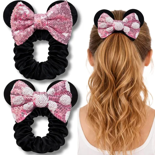 Miniatura 7 de Styla Hair - Paquete de 2 coleteros para orejas de ratón, con lazo de terciopelo con orejas de lentejuelas, bonitos accesorios para el cabello