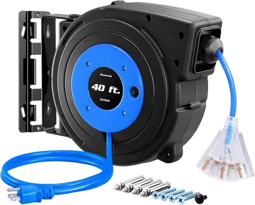 Miniatura 10 de DEWENWILS Carrete de cable de extensión retráctil, cable de alimentación resistente de 40 pies, 12 AWG/3 C SJTOW, 3 tomas de tierra iluminadas