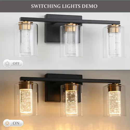 Miniatura 5 de EMONG Lámpara de baño de 3 luces negras y doradas, luces LED regulables de 5 CCT con vidrio transparente, 2700 K-6500 K, luz de tocador de baño