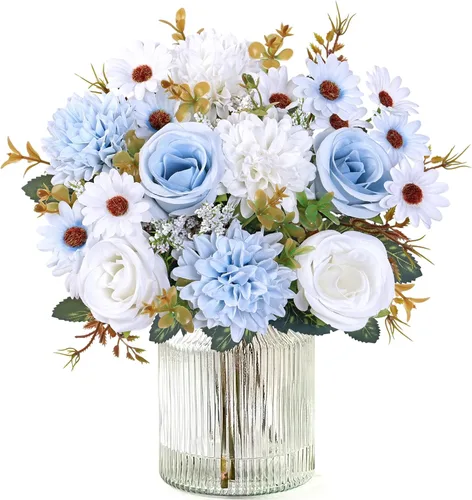 Dremisland Fake Flower Bouquets,2 Packs Silk Rose Daisy Bouquet Artificial Flower Arrangement Realistic Rose Bouquets for Centerpiece Table Wedding