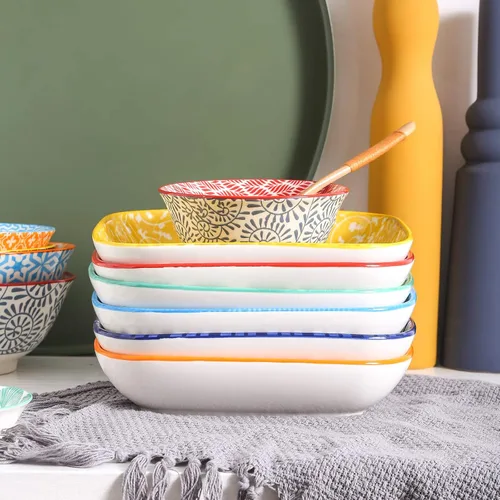 Miniatura 7 de Selamica Platos de cena cuadrados de porcelana de 8 pulgadas, cuencos para ensalada y pasta, juego de 6, colores surtidos