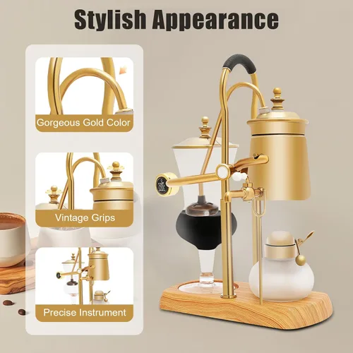 Miniatura 6 de Belga Royal Coffee Machine Set Balance Syphon Sifon Cafetera Gold Sifon Brewer 15oz 13.5 fl oz Dorado
