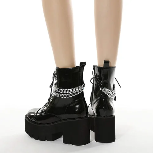 Miniatura 5 de rui yue Botas de plataforma para mujer, punta redonda, botas de tobillo gruesas, botas punk, con cordones y cremallera, botas de combate