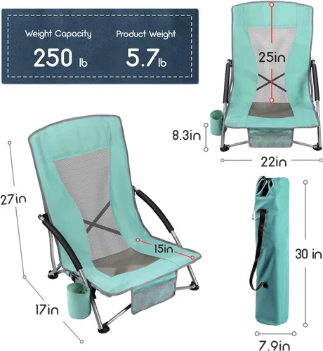 Miniatura 3 de Coastrail Outdoor Silla de playa plegable de malla ligera para acampar al aire libre, césped, bolsa de transporte incluida, soporta 250 libras