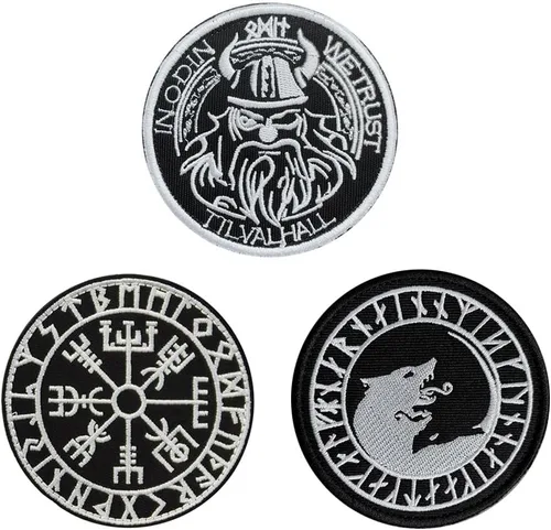 3 piezas de brújula vikinga del norte de Europa vikinga, dios vikingo, runa de gato, parche táctico bordado para gorras, bolsos, mochilas, ropa,